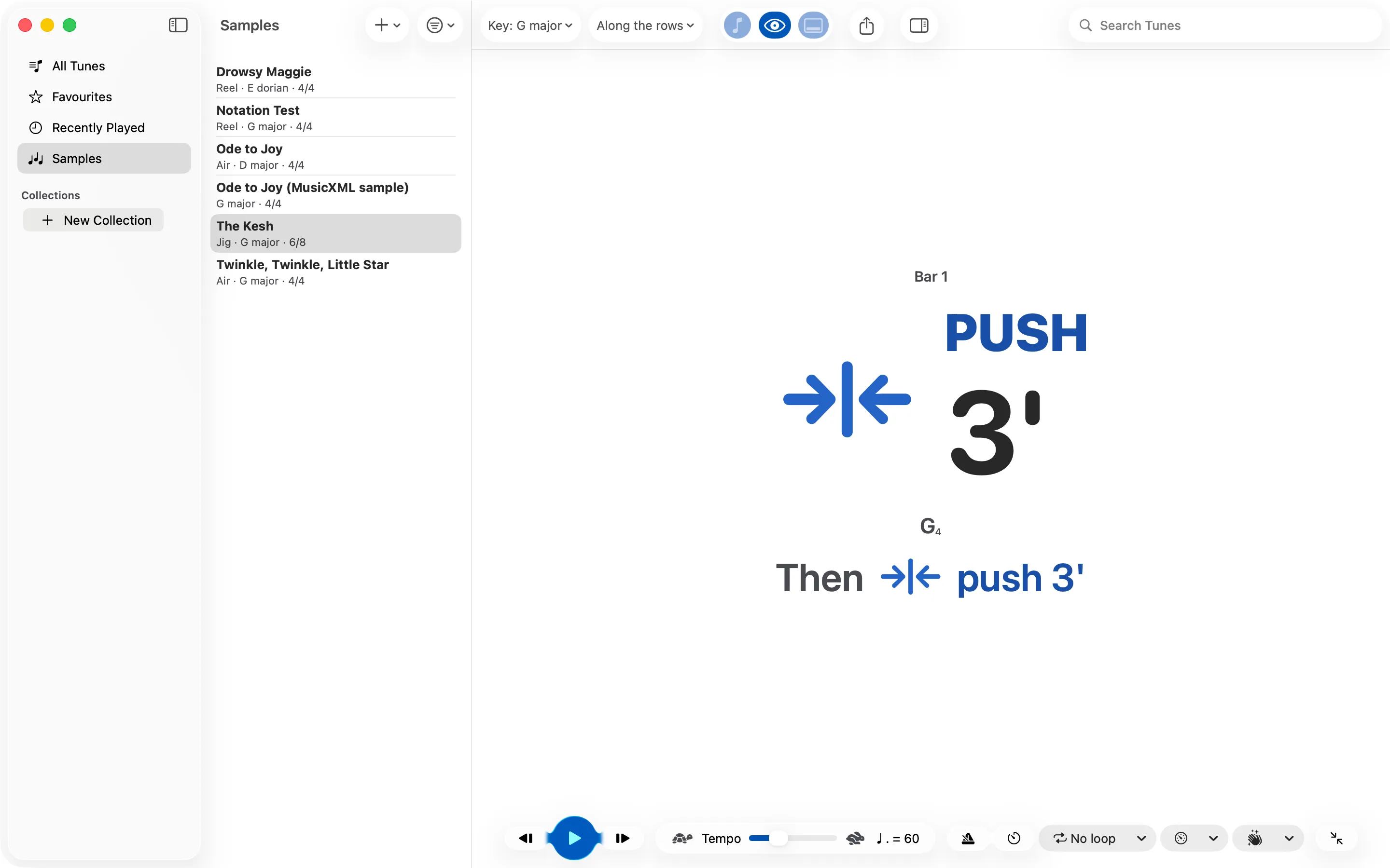 Glance mode: a single large instruction, push 3′, with the next button underneath