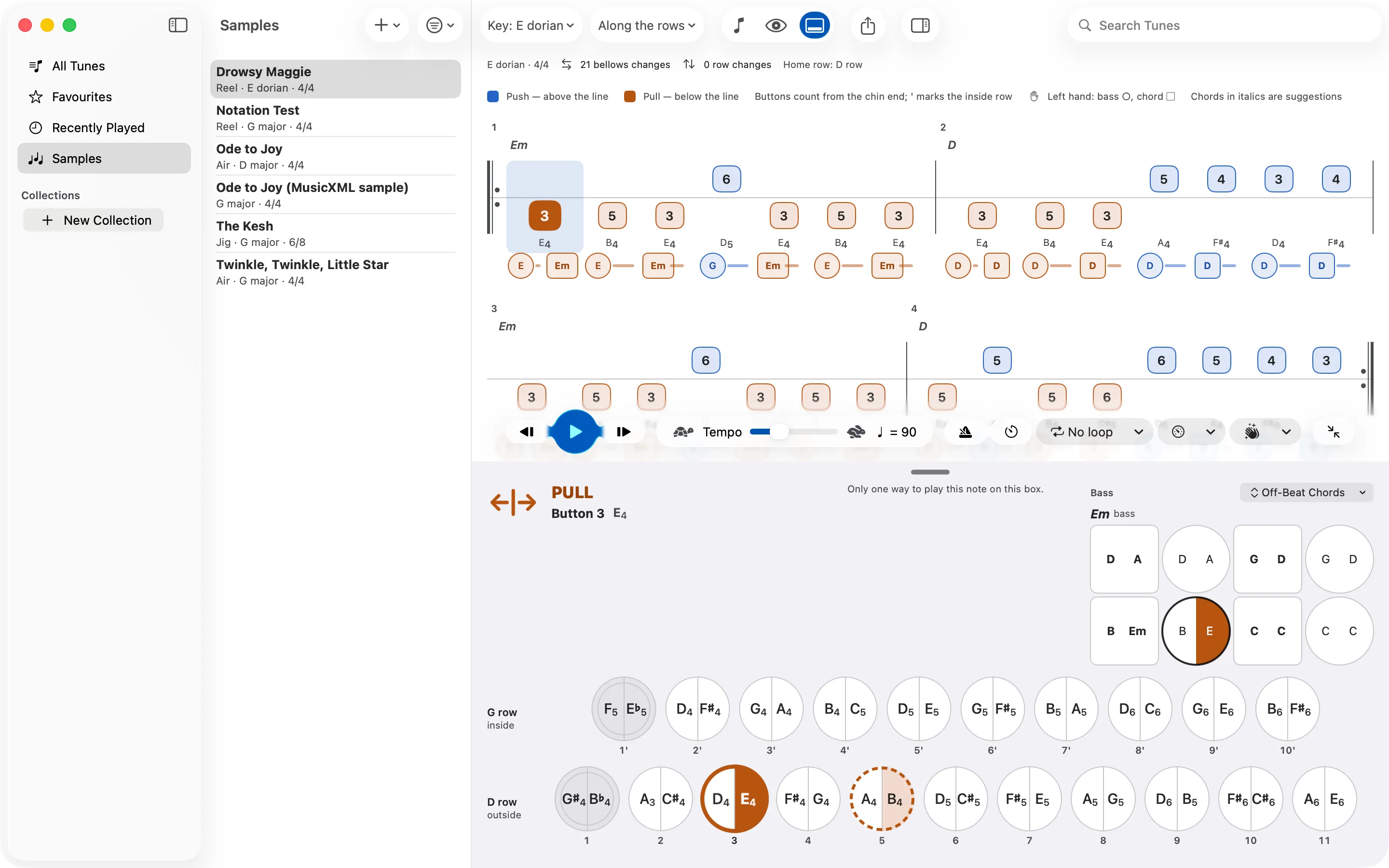 A reel in E Dorian with the bass part drawn under the tab, each bass and chord button marked with how long it is held